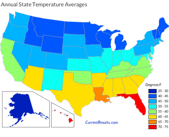map of the united states with average temperatures Average Annual Temperatures By Usa State Current Results