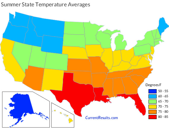 Temperature Map Of The United States Summer Temperature Averages for Each USA State   Current Results