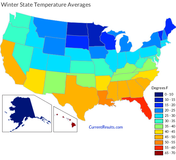 Winter Temperature Averages for Each USA State - Current Results
